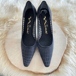 NINA Y2K Black Faux Crocodile Mesh Pointed Toe Pump 3” Heel Glitter Dress Shoe